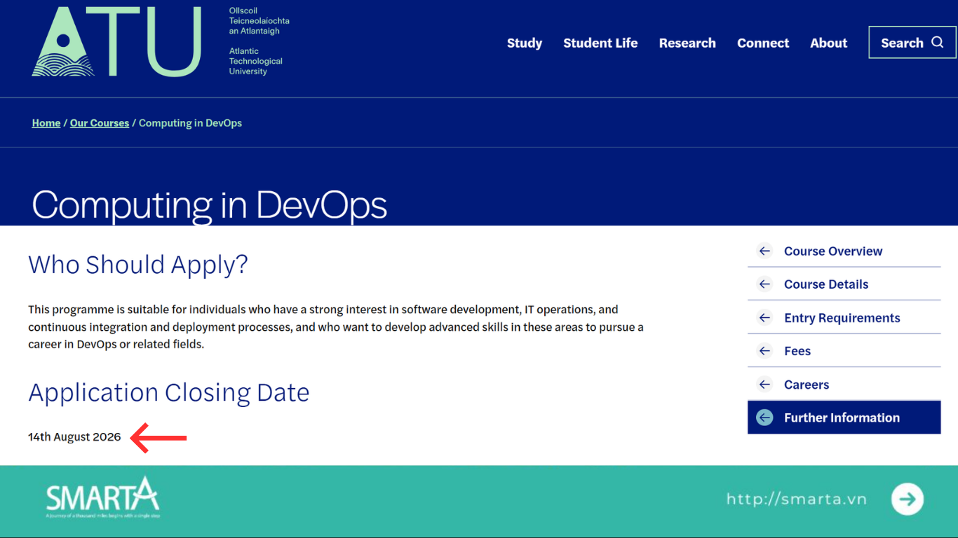 Deadline chương trình thạc sĩ của ATU trên website