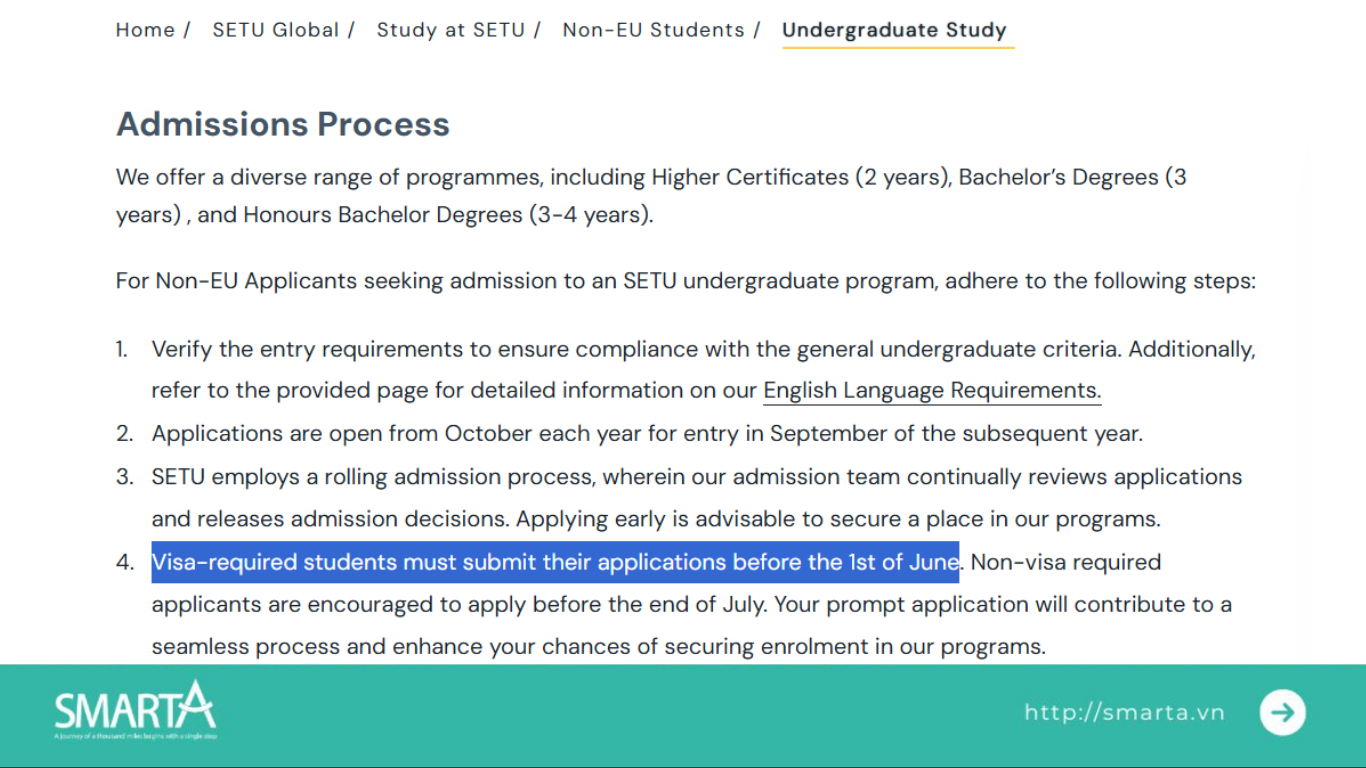 Deadline nộp hồ sơ du học Ireland trường SETU